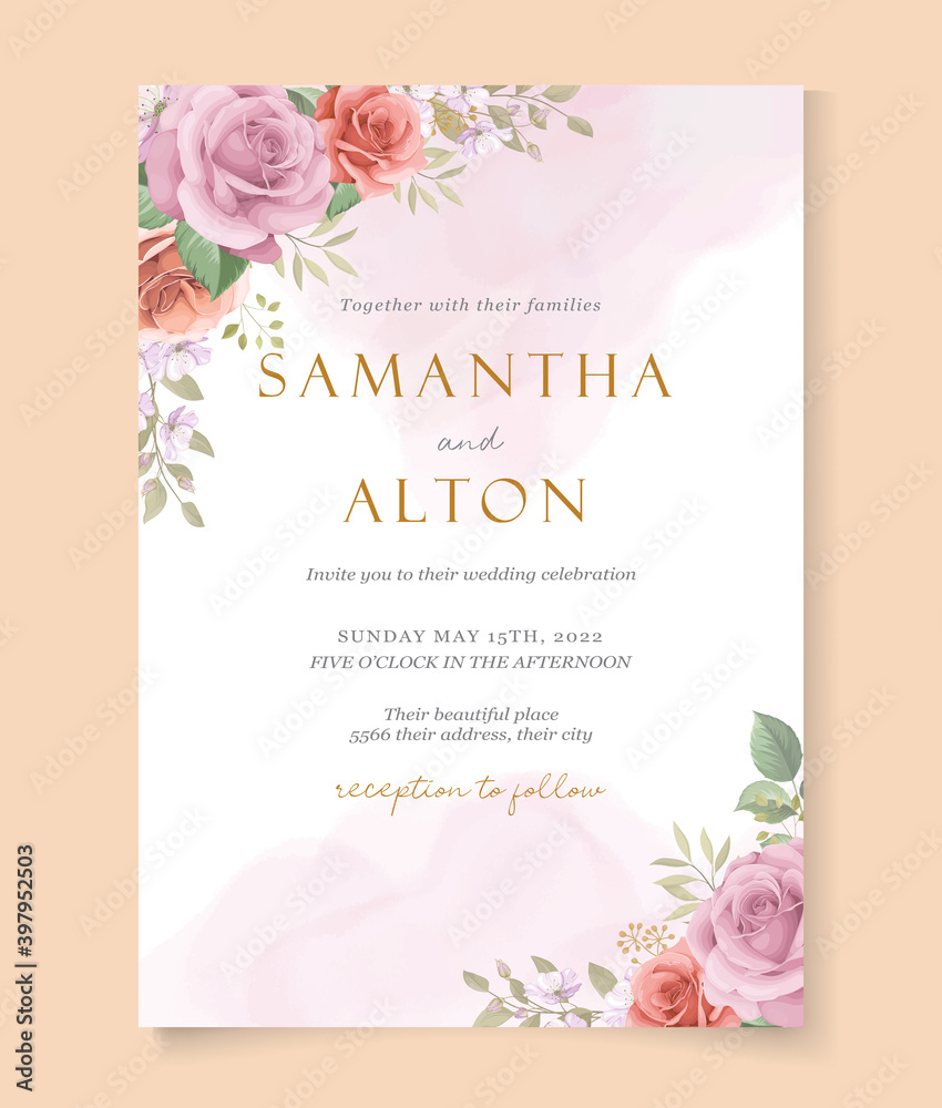 Romantic roses wedding invitation template