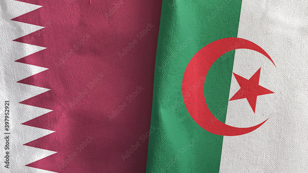 Algeria and Qatar two flags textile cloth 3D rendering