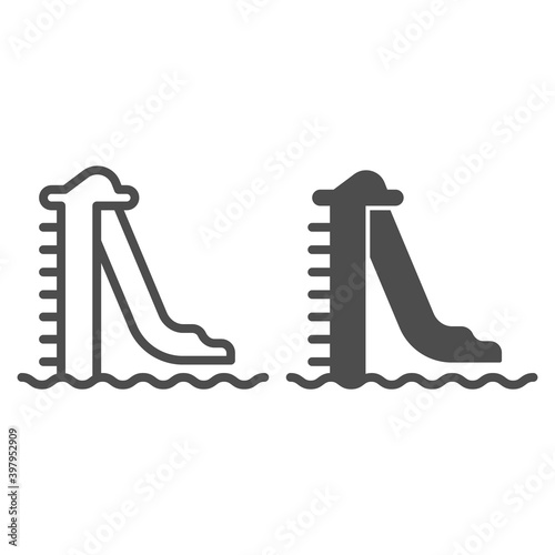 Slide with ladder for launching into water line and solid icon, waterpark concept, Water slide sign on white background, water attraction with ladder icon in outline style. Vector graphics.