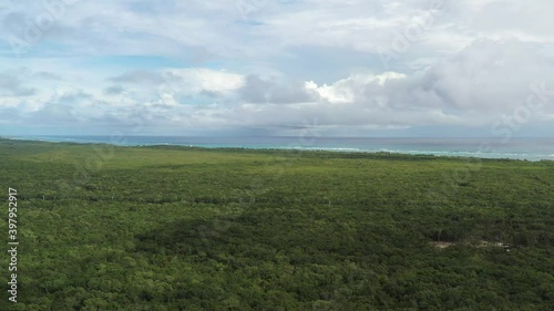 La vasta y densa jungla tropical que rodea a la ciudad de Tulum en México, con un cielo azul y nublado como fondo. Toma aérea con el drone descendiendo rápidamente.