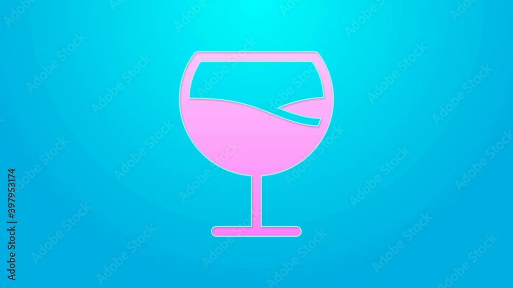 Pink line Wine glass icon isolated on blue background. Wineglass sign. 4K Video motion graphic animation Pink line Wine glass icon isolated on blue background. Wineglass sign. 4K Video motion graphic animation