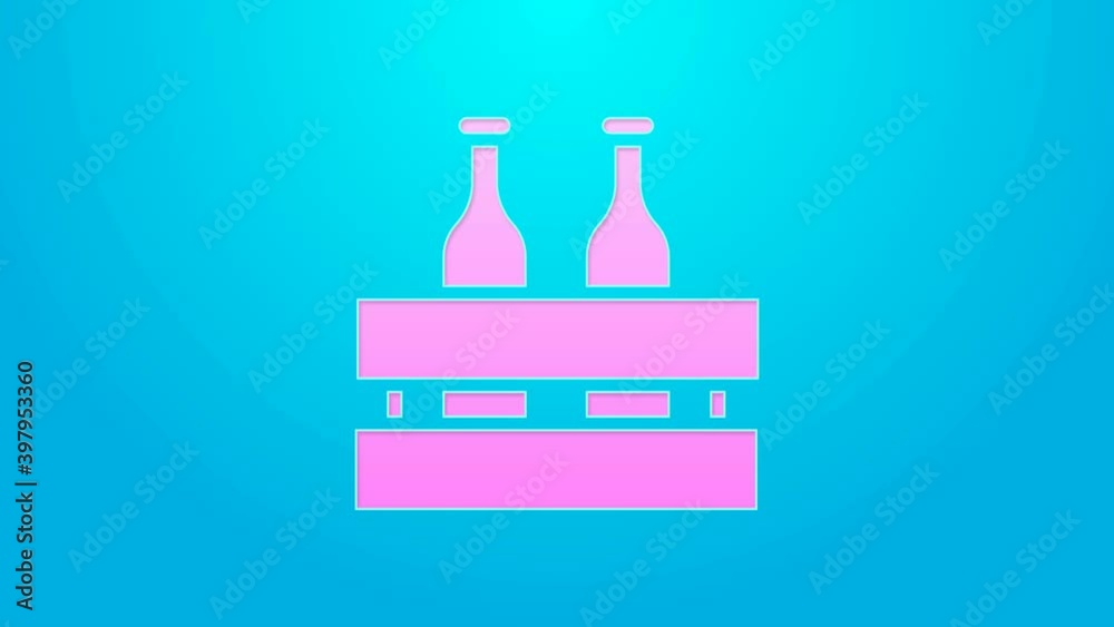 Pink line Pack of beer bottles icon isolated on blue background. Wooden box and beer bottles. Case crate beer box sign. 4K Video motion graphic animation Pink line Pack of beer bottles icon isolated on blue background. Wooden box and beer bottles. Case crate beer box sign. 4K Video motion graphic animation