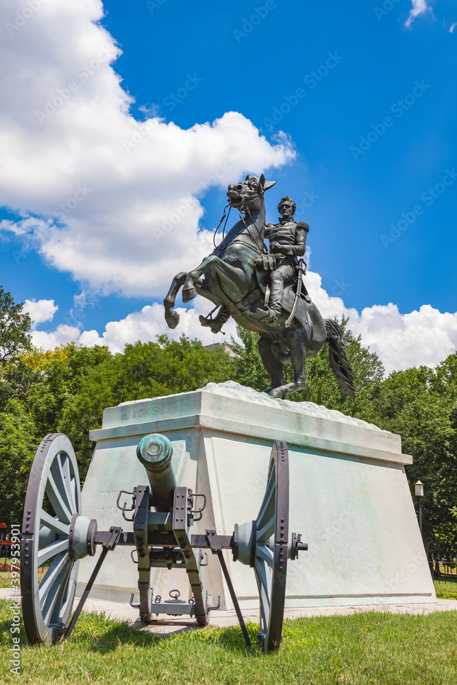 President and Major General Andrew Jackson sculpture across from the White House in Lafayette Square in Washington, DC. Sculpted by Clark Mills in 1853. Depicts Jackson on horseback