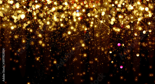 Falling Golden bokeh particles and stars on a black background, happy new year holiday concept