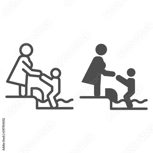 Mother and baby in children pool line and solid icon, waterpark concept, water area for children sign on white background, mother and kid on swimming pool icon in outline style. Vector graphics.