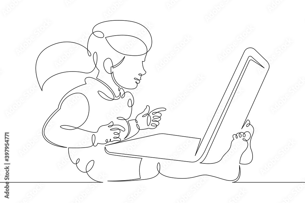 A small child sits at a laptop on the Internet, plays at the computer. One continuous drawing line, logo single hand drawn art doodle isolated minimal illustration.