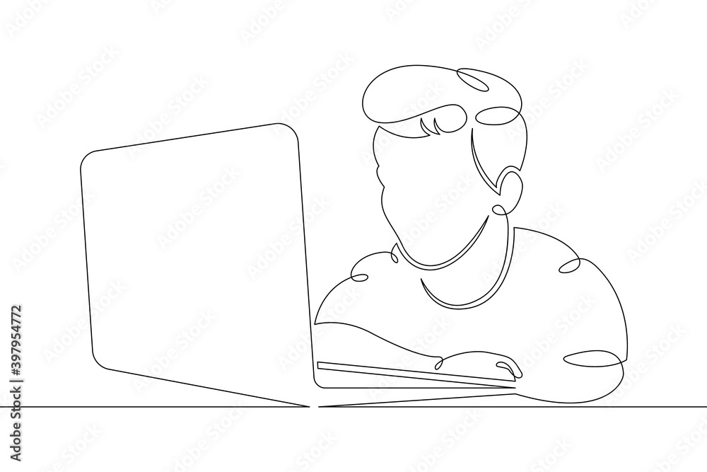 A small child sits at a laptop on the Internet, plays at the computer. One continuous drawing line, logo single hand drawn art doodle isolated minimal illustration.