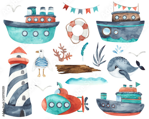 Watercolor children water transport elements: ships, boat, submarine, yacht, sailboat, lighthouse, whale, Dolphin, steering wheel, seagulls, spray