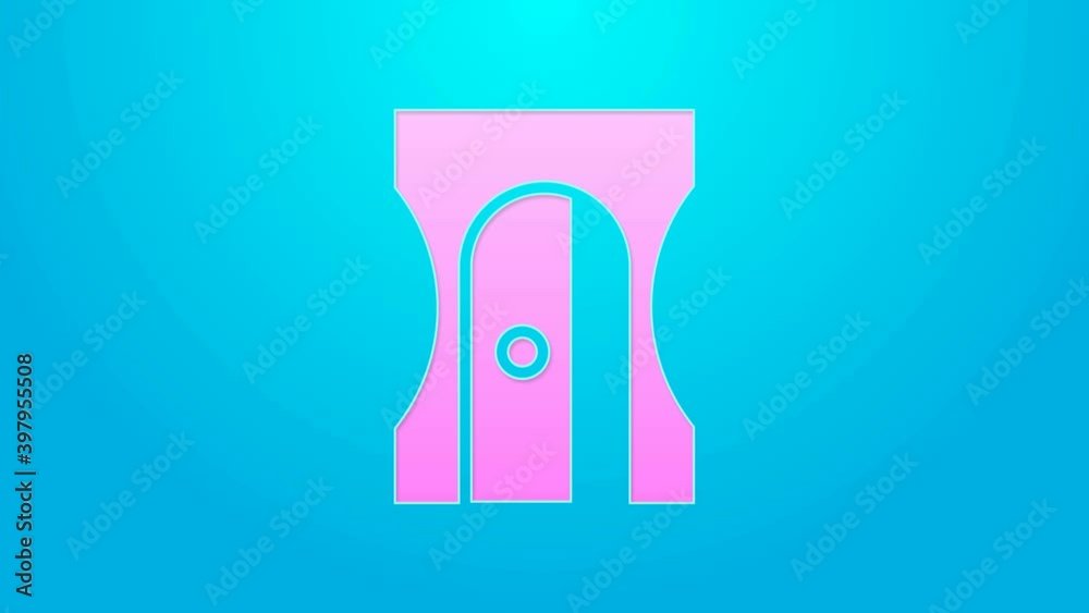 Pink line Pencil sharpener icon isolated on blue background. 4K Video motion graphic animation Pink line Pencil sharpener icon isolated on blue background. 4K Video motion graphic animation