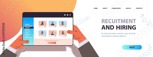 hr manager hands choosing arabic businesspeople applicants on tablet screen recruitment and hiring human resources concept horizontal copy space portrait vector illustration