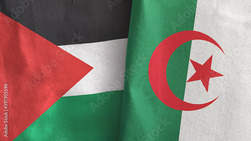 Algeria and Palestine two flags textile cloth 3D rendering