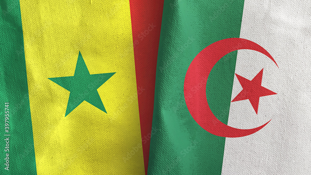 Algeria and Senegal two flags textile cloth 3D rendering