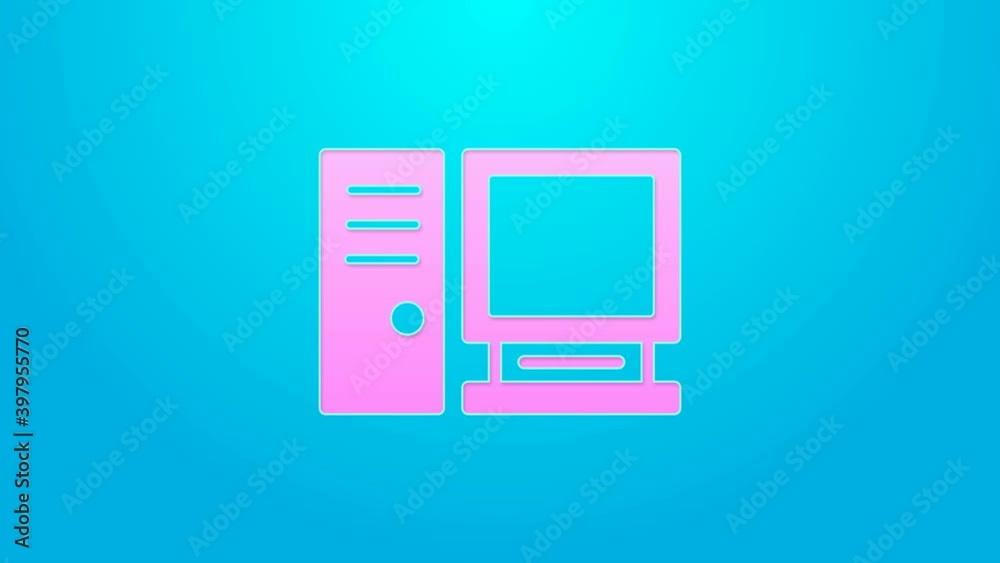 Pink line Computer monitor icon isolated on blue background. PC component sign. 4K Video motion graphic animation Pink line Computer monitor icon isolated on blue background. PC component sign. 4K Video motion graphic animation
