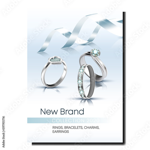 Rings Store Creative Promotional Poster Vector. Jewellery Platinum Or Silver Rings Decorated Gemstones On Advertising Banner. Fashionable Present On Valentine Day Style Concept Template Illustration