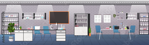 modern lab interior empty no people medical laboratory with furniture and test tubes horizontal vector illustration
