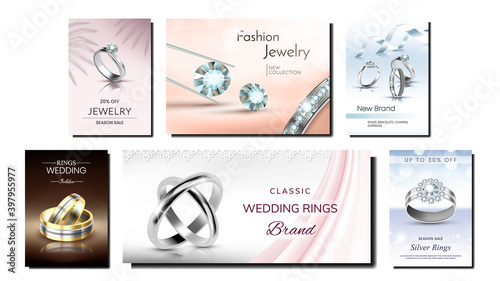 Jewelry Creative Promotional Posters Set Vector. Fashion Jewelry Golden And Silver Rings And Gemstones, Diamond And Brilliants On Advertising Banners. Style Concept Template Illustrations