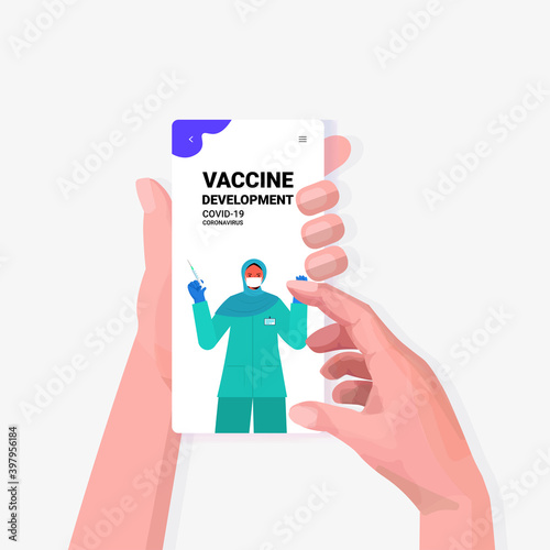 patient hands discussing with female arab doctor during video call smartphone screen vaccination online consultation concept portrait vector illustration