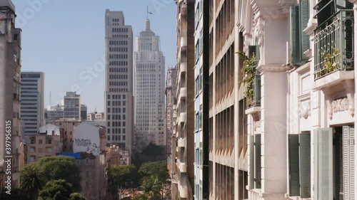 Aerial view of Banespao building and empty streets of downtown during Covid - 19 quarantine, Sao Paulo, Brazil photo