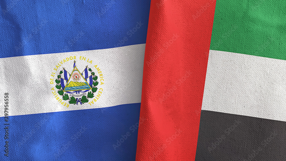 United Arab Emirates and El Salvador two flags textile cloth 3D rendering