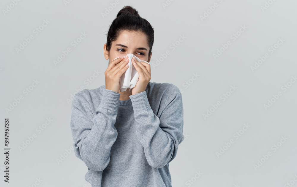 Runny nose woman with napkin health problems cropped view Runny nose woman with napkin health problems cropped view
