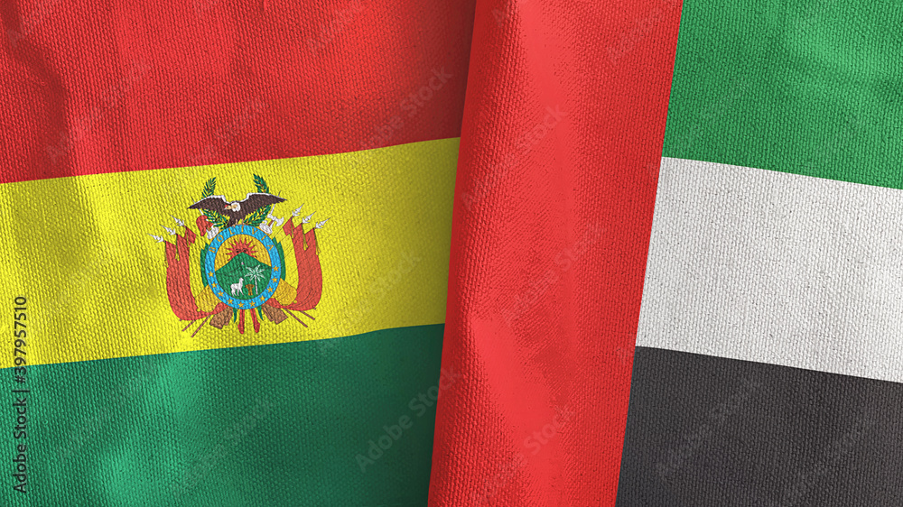 United Arab Emirates and Bolivia two flags textile cloth 3D rendering