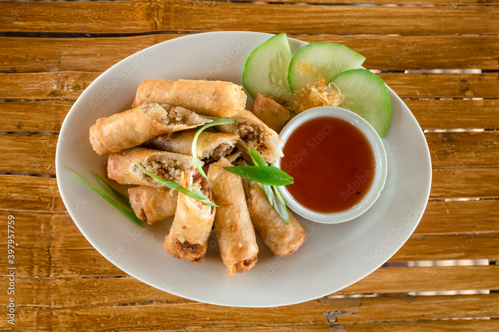 Top view of Lumpiang Shanghai, A filipino deepfried spring roll served