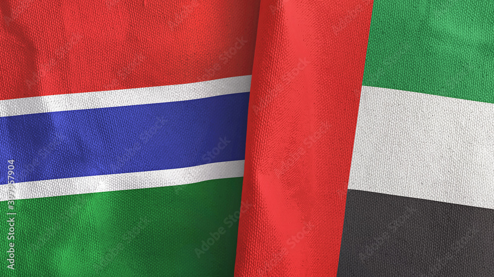 United Arab Emirates and Gambia two flags textile cloth 3D rendering