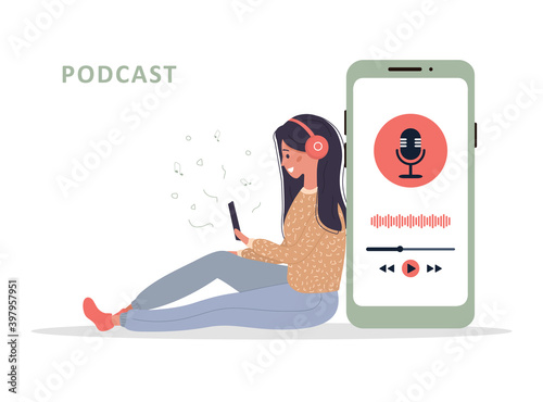 Young smiling woman in headset listening to music and recording audio podcast. Logo, application, user interface. Vintage vector illustration in flat cartoon style.