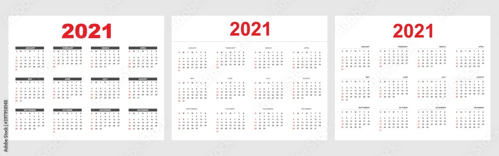 Calendar of 2021, set of 12 months, week start from Sunday, simple concept calendar layout template for website and business, vector illustration. Calendar of 2021, set of 12 months, week start from Sunday, simple concept calendar layout template for website and business, vector illustration.