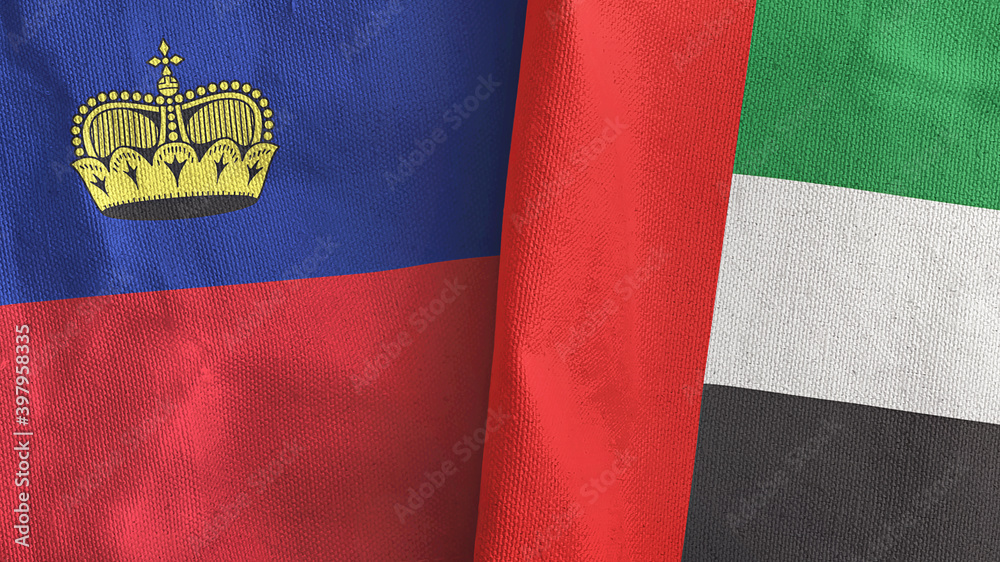 United Arab Emirates and Liechtenstein two flags textile cloth 3D rendering