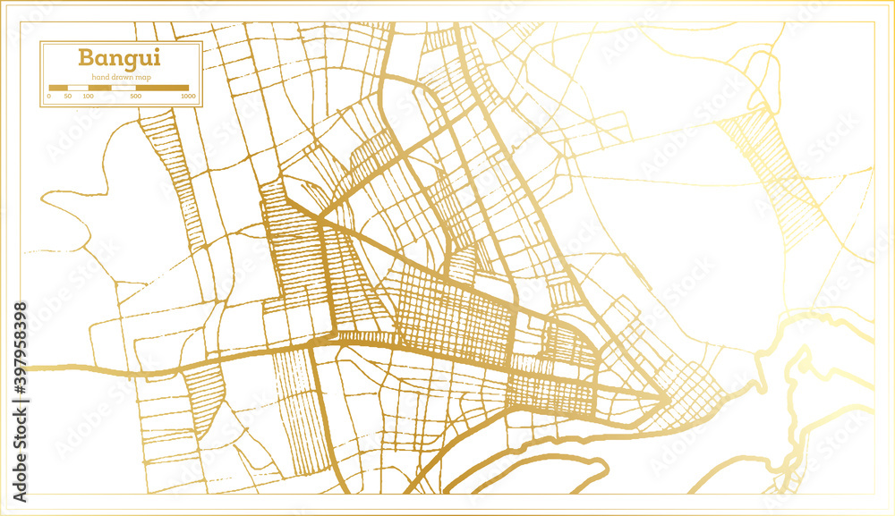 Bangui Central African Republic City Map in Retro Style in Golden Color. Outline Map.