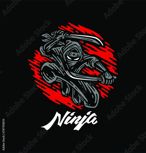 ninja hold two sword in dark background. Ninja shadow with red moon. vector illustration 