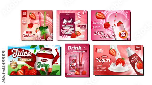 Strawberry Product Promotional Posters Set Vector. Strawberry Soda Drink And Juice, Milk Cocktail, Yogurt And Marshmallows On Advertising Banners. Style Concept Template Illustrations