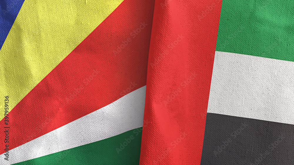 United Arab Emirates and Seychelles two flags textile cloth 3D rendering