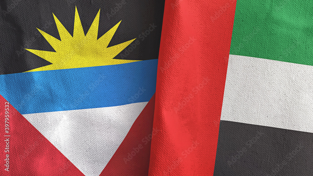 United Arab Emirates and Antigua and Barbuda two flags textile 3D rendering