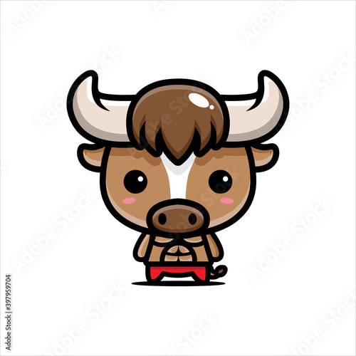 Cute buffalo character in a muscular Chinese costume