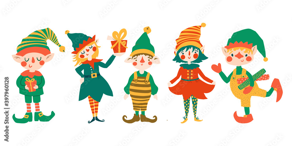 Cute elf character. Christmas Santa Claus helpers elves. Boy and girl dwarf little fantasy helper. Cartoon flat vector isolated set. Perfect for sublimation printing, card design, web site, sticker