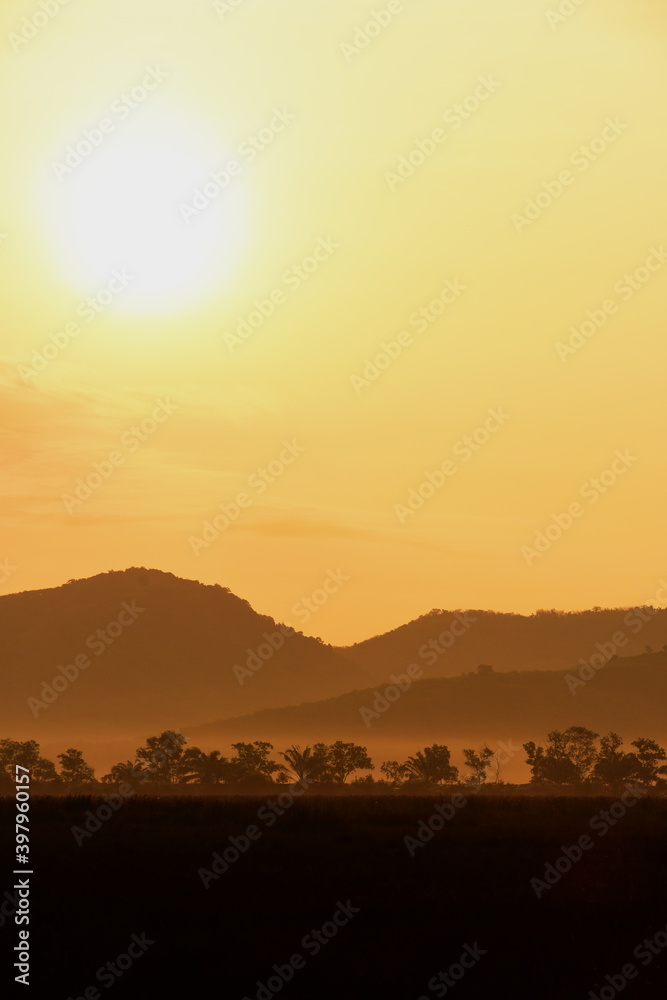 sunrise behind a dense forest area followed by mountains.	