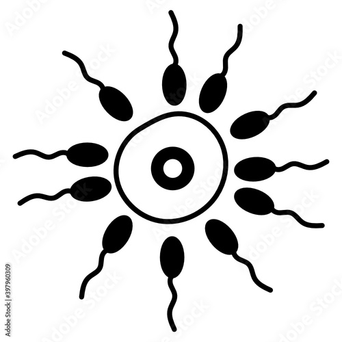Sperms meets the Egg Concept, Human fertilization Vector Glyph Icon Design, In Vitro Fertilization Symbol on White Background, Pregnancy and obstetrician Sign,