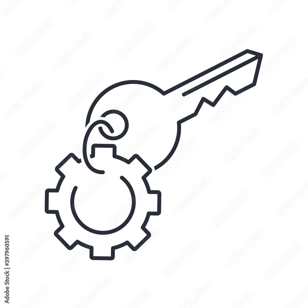 Fototapeta premium Gear and key. Business tools. Discover new technical opportunities in business technologies. Vector linear icon isolated on white background.