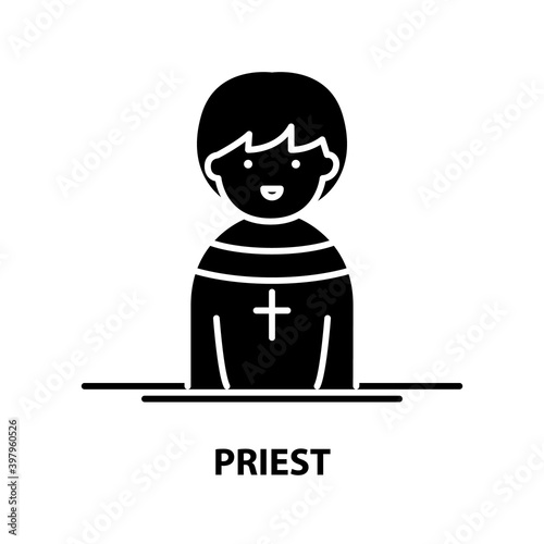 priest icon, black vector sign with editable strokes, concept illustration