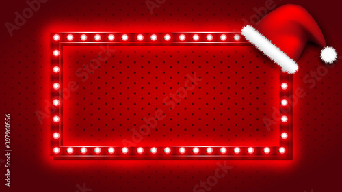 Retro Christmas light sign with santa claus hat on red background