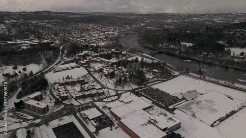 Panoramic View Of Lennoxville Borough During Winter In Bishop's University And Lake Massawippi On Background At Sherbrooke, Quebec Canada - Aerial Drone Shot  photo