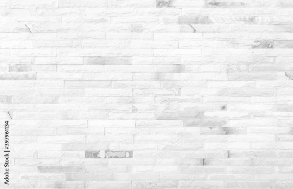 Fototapeta premium White grunge brick wall texture background for stone tile block painted in grey light color wallpaper modern interior and exterior and room backdrop design