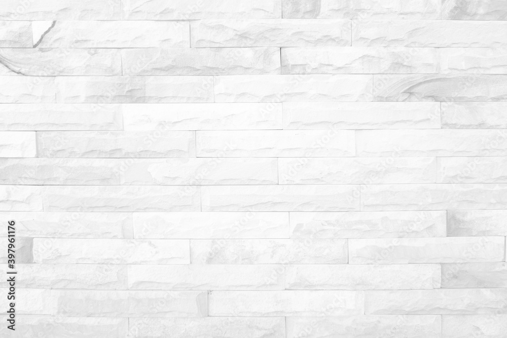 Fototapeta premium White grunge brick wall texture background for stone tile block painted in grey light color wallpaper modern interior and exterior and room backdrop design