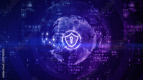 Shield Icon of Cyber Security Digital Data, Digital Data Network Protection, Global Network 5g High-Speed Internet Connection and Big Data Analysis Future Background Concept. 3d rendering