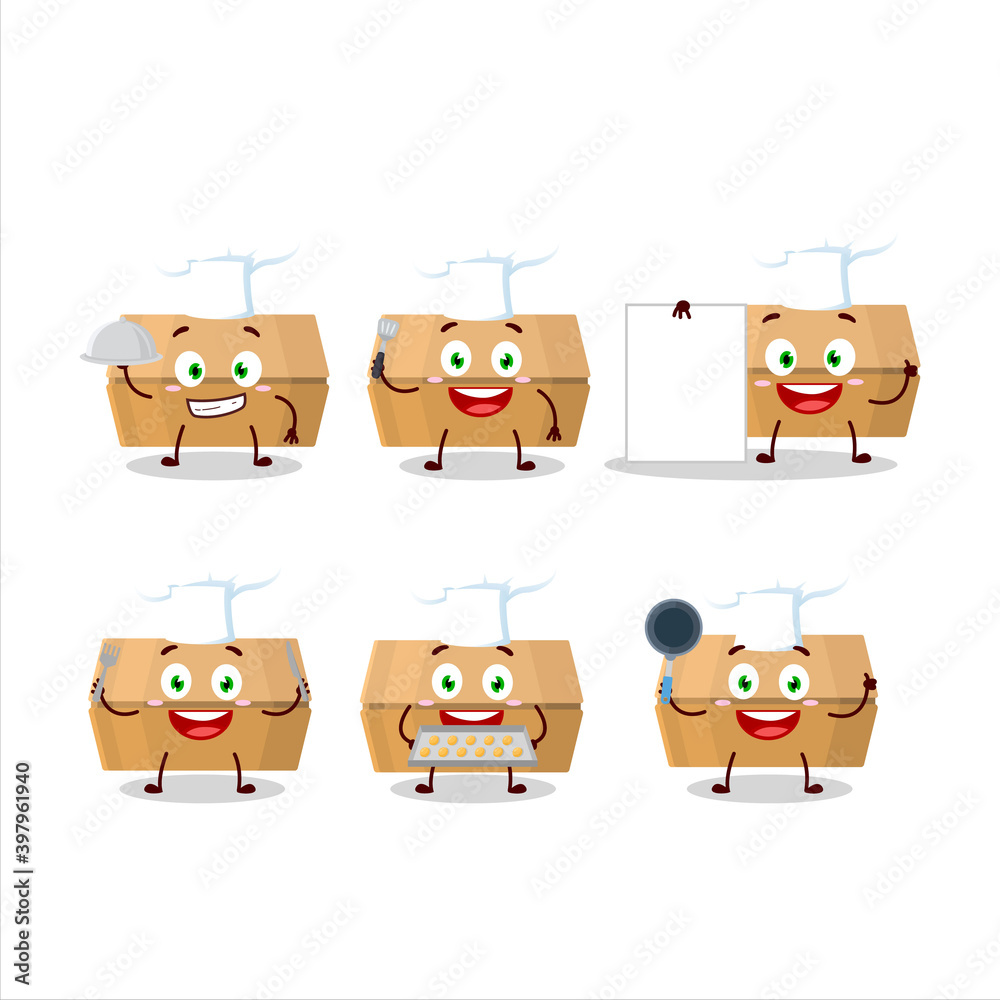 Cartoon character of food pack with various chef emoticons Cartoon character of food pack with various chef emoticons