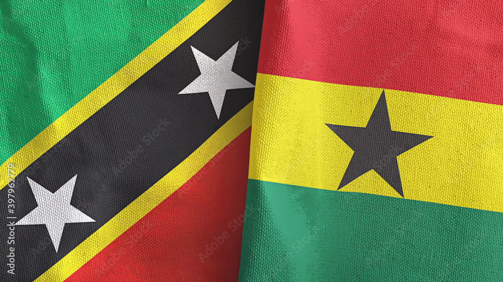 Ghana and Saint Kitts and Nevis two flags textile cloth 3D rendering