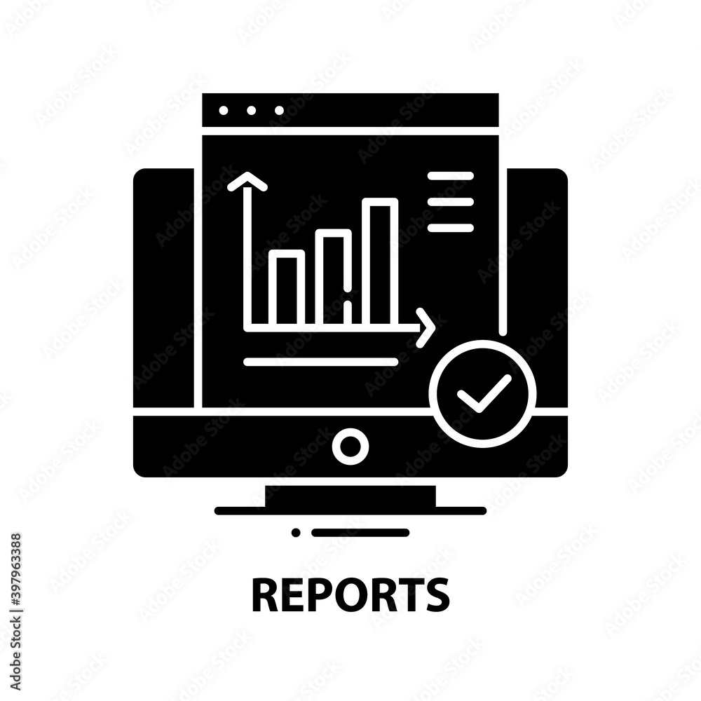 reports icon, black vector sign with editable strokes, concept illustration reports icon, black vector sign with editable strokes, concept illustration