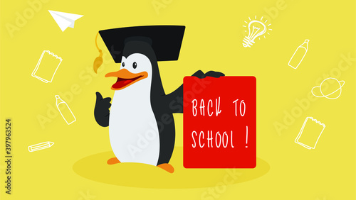 Penguin cartoon character animal with toga hat be a teacher for back to school concept. Penguin teaching  for education logo